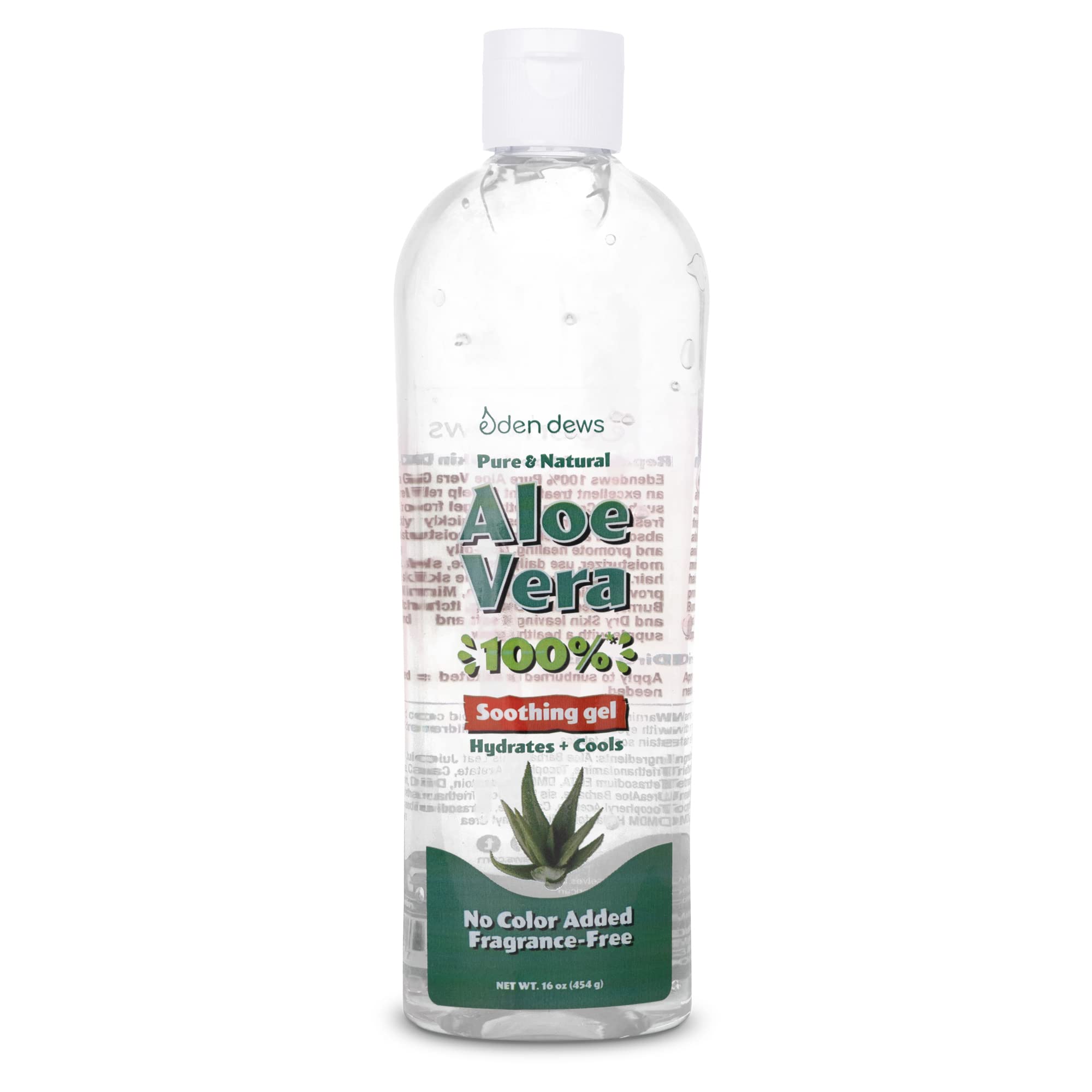 USA-made Eden Dews Aloe Vera Gel bottle highlighting trusted quality.