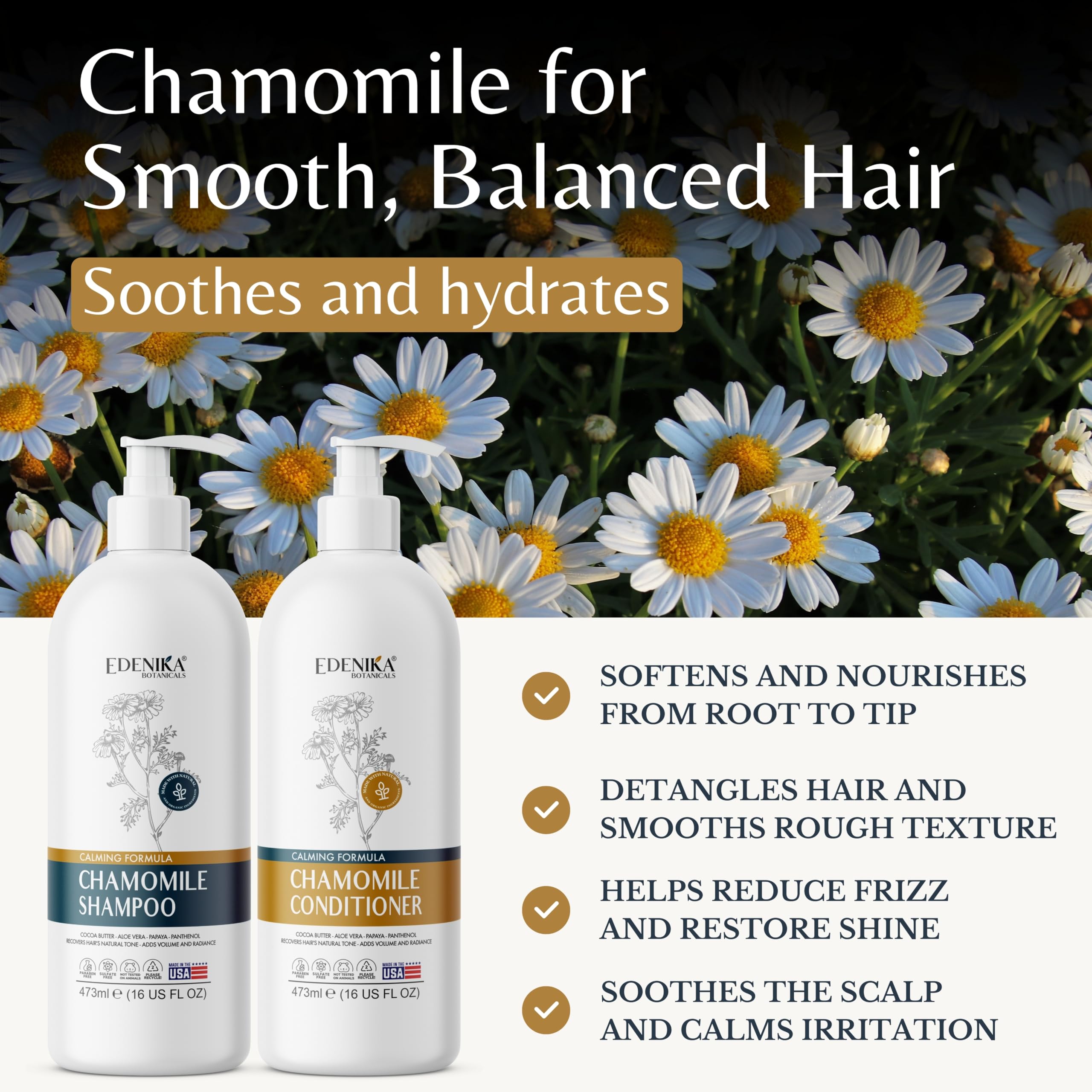EDENIKA BOTANICALS chamomile conditioner bottle provides hydration
