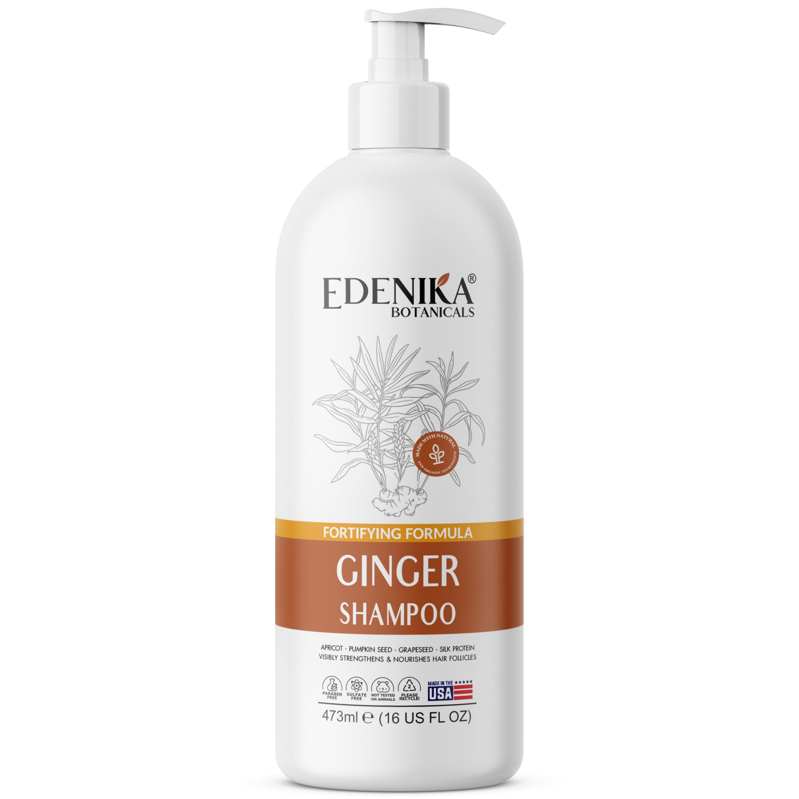EDENIKA BOTANICALS ginger shampoo bottle shows a fortifying formula for stronger strands