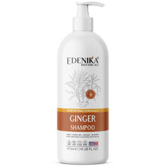 EDENIKA BOTANICALS ginger shampoo bottle shows a fortifying formula for stronger strands