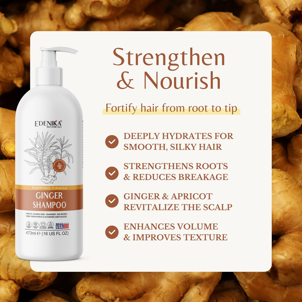 EDENIKA BOTANICALS ginger shampoo label closeup highlights paraben-free cleansing