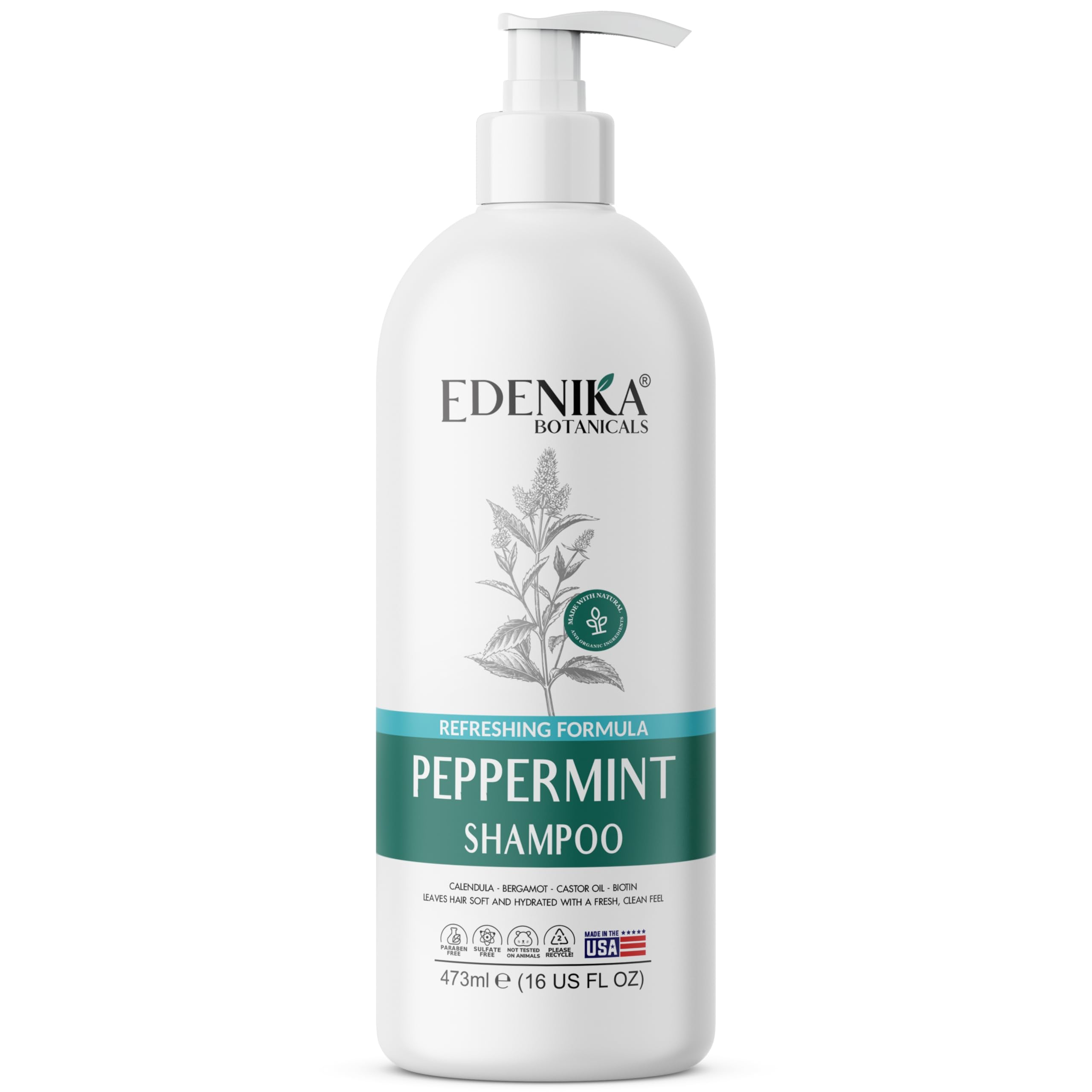 EDENIKA BOTANICALS Peppermint Shampoo bottle front shows refreshing cleanse and sulfate‑free care
