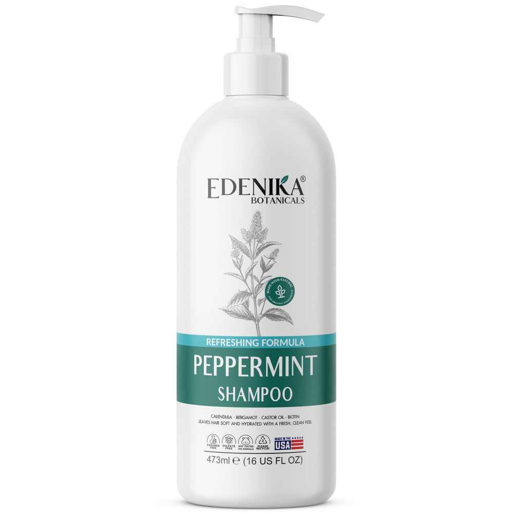 EDENIKA BOTANICALS Peppermint Shampoo bottle front shows refreshing cleanse and sulfate‑free care