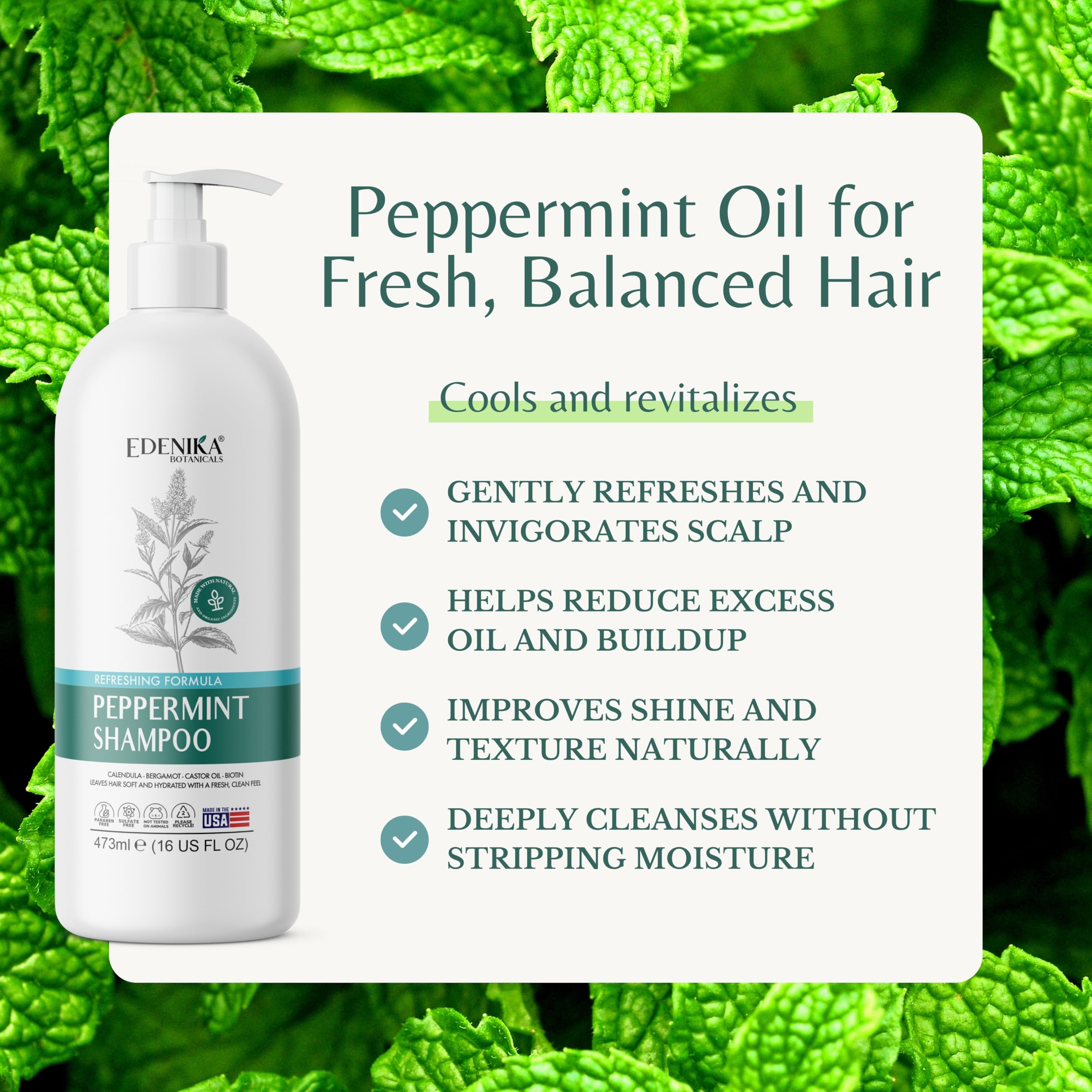 Close view of peppermint oil in EDENIKA BOTANICALS Peppermint Shampoo