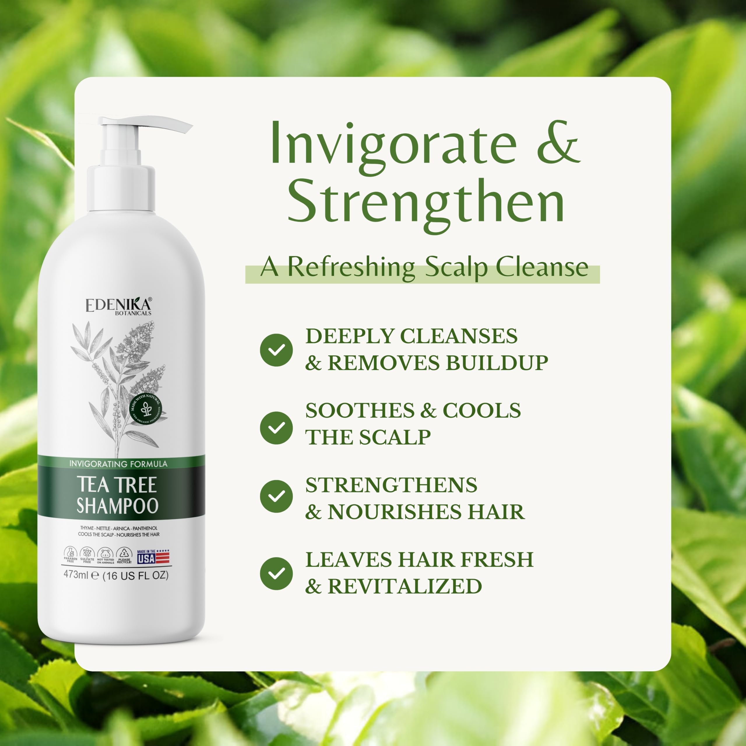 EDENIKA BOTANICALS Tea Tree Oil Shampoo foamy lather for refreshing wash.