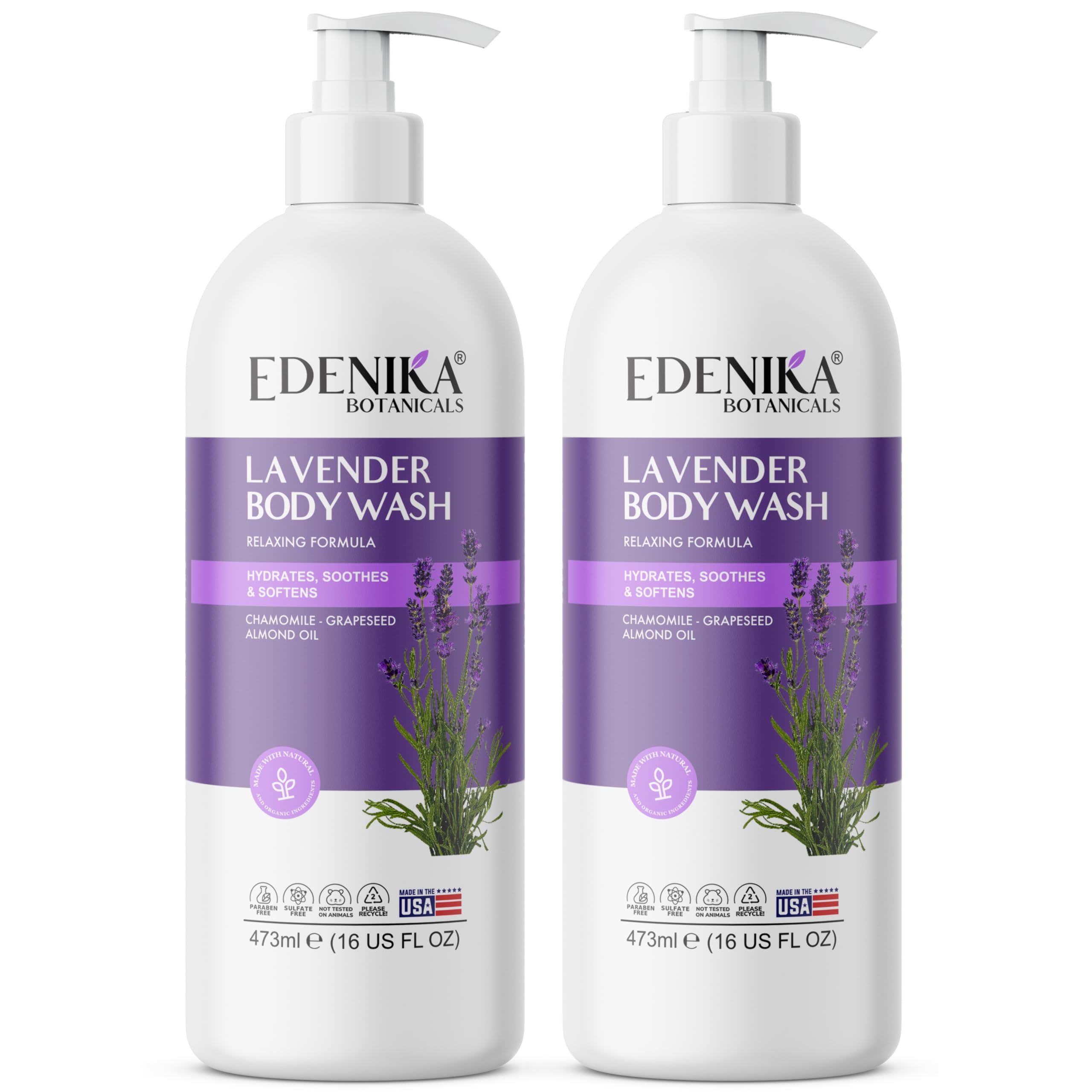 EDENIKA BOTANICALS Lavender Body Wash bottle ready for a soothing, hydrating cleanse.