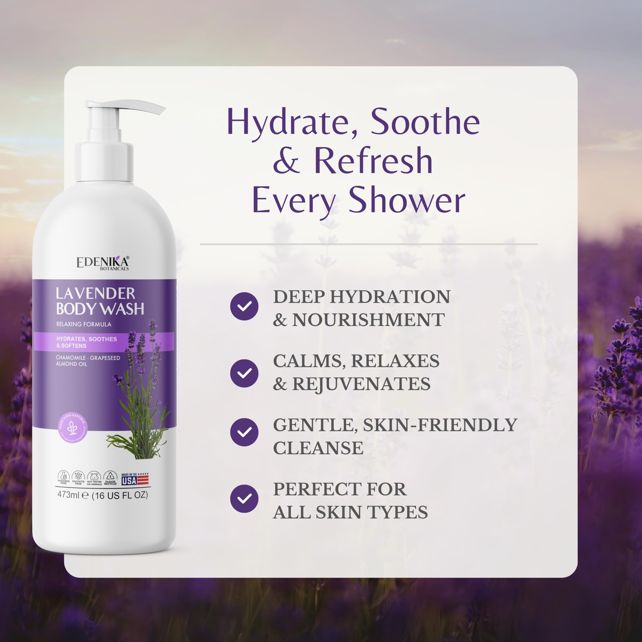 EDENIKA BOTANICALS Lavender Body Wash label closeup highlighting organic ingredients.