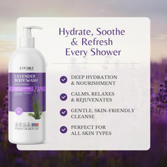 EDENIKA BOTANICALS Lavender Body Wash label closeup highlighting organic ingredients.