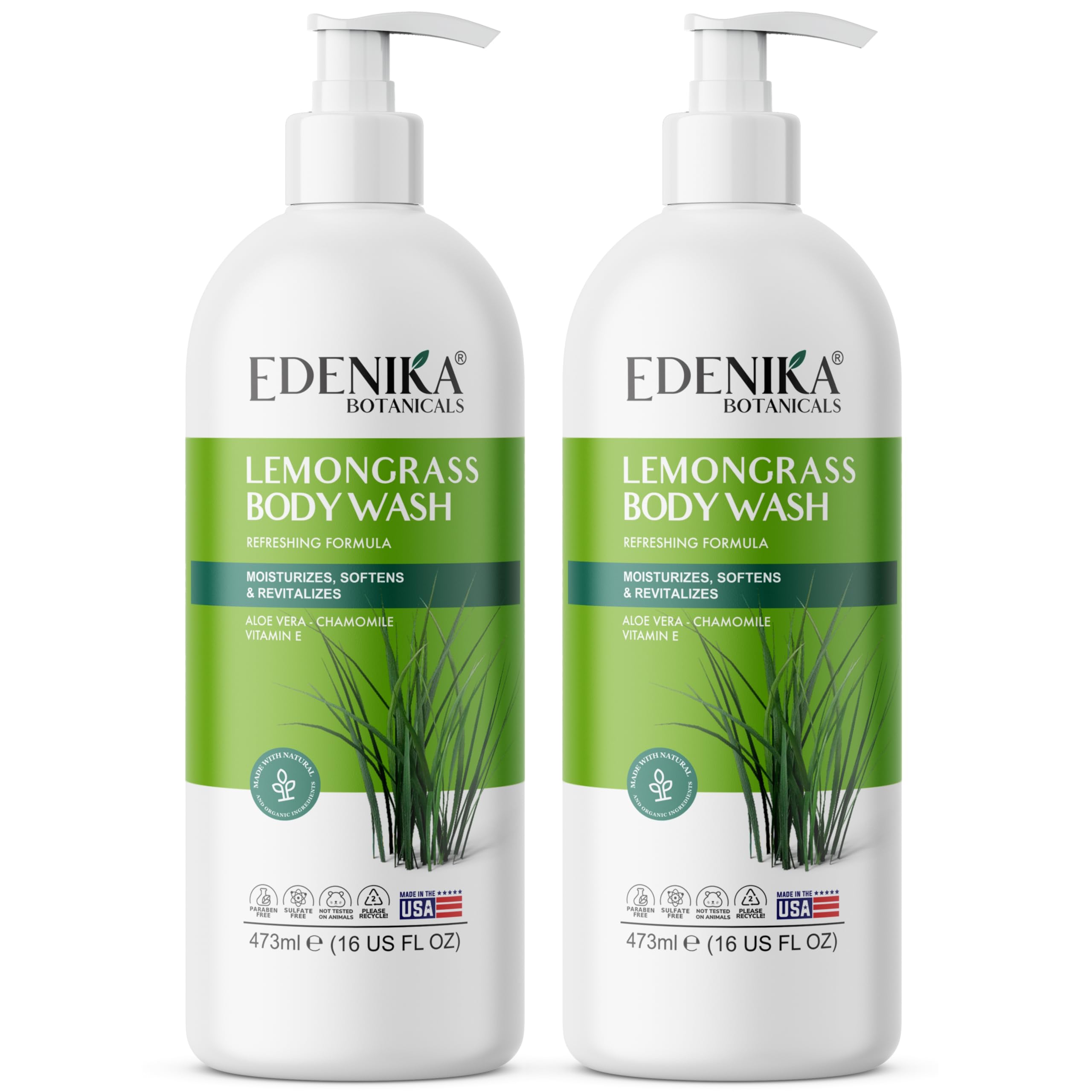 EDENIKA BOTANICALS Lemongrass Body Wash bottle showing refreshing formula for sensitive skin