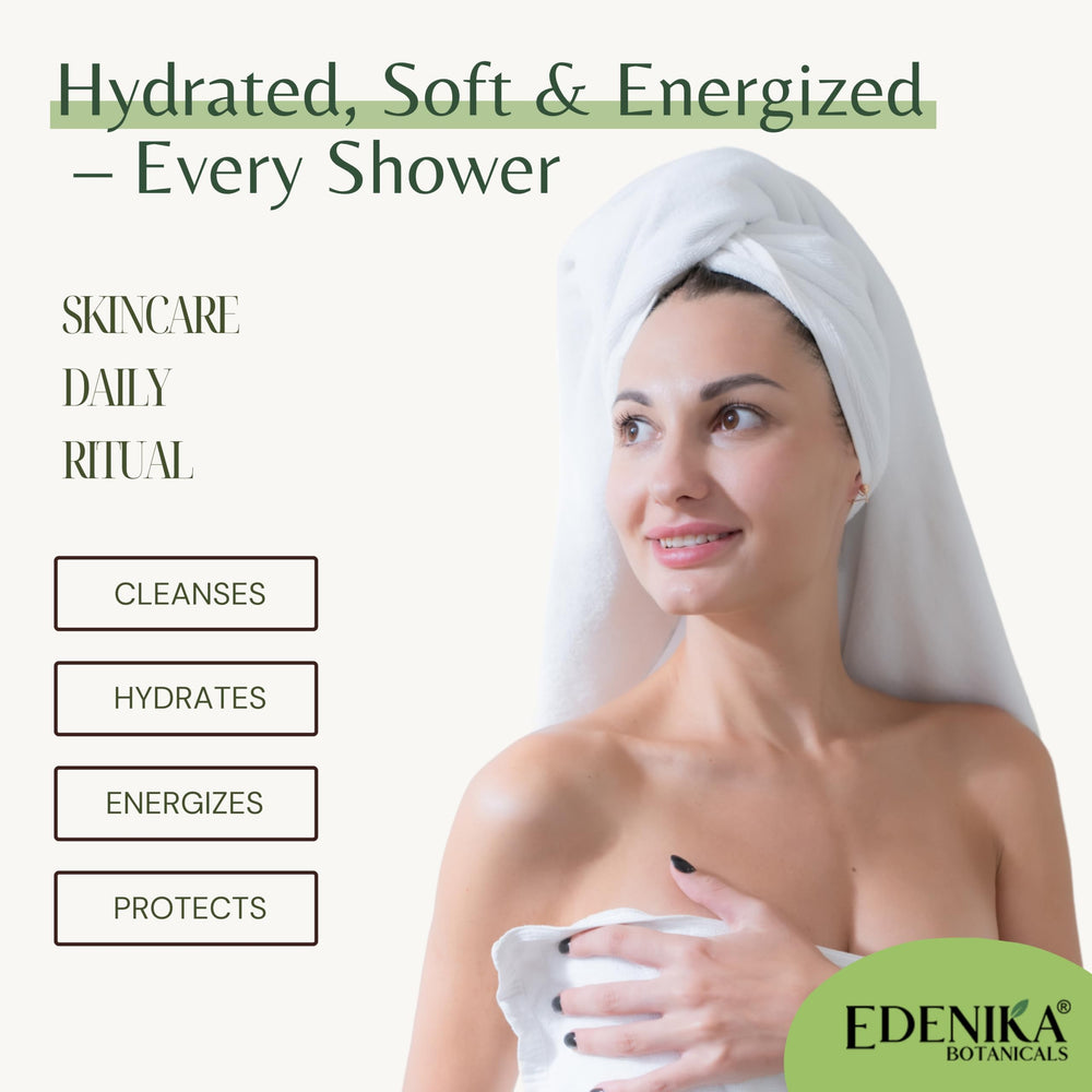 EDENIKA BOTANICALS Lemongrass Body Wash label highlights organic and vegan attributes