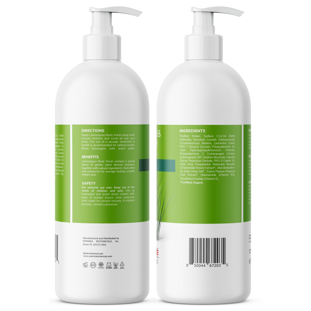 EDENIKA BOTANICALS Lemongrass Body Wash 2-pack packaging illustrates value and supply