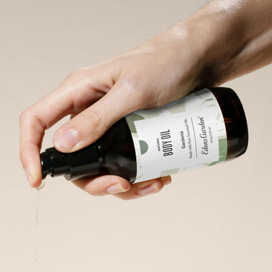 Edens Garden Gardenia Body Oil label highlighting premium essential oil blend.