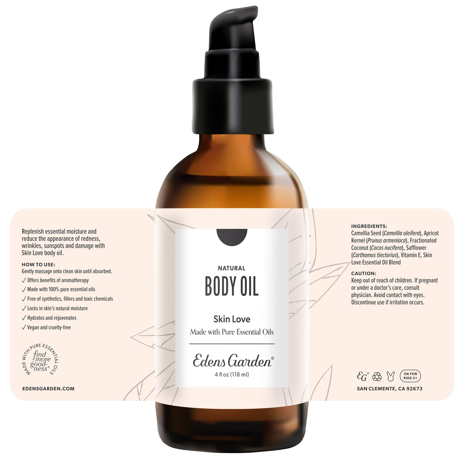 4 oz bottle packaging of Edens Garden Skin Love Bath & Body Oil