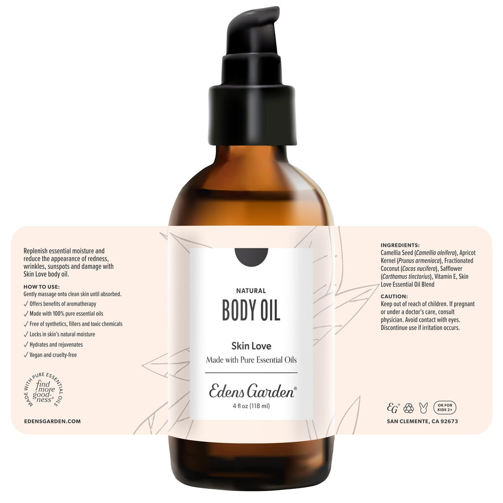 4 oz bottle packaging of Edens Garden Skin Love Bath & Body Oil