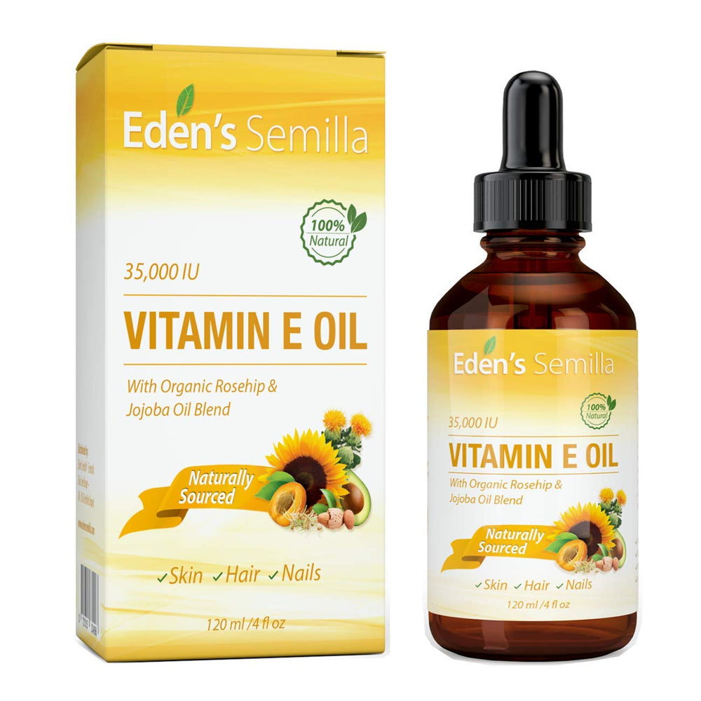 Eden's Semilla Vitamin E Oil bottle with pour for fast-absorbing skin care.