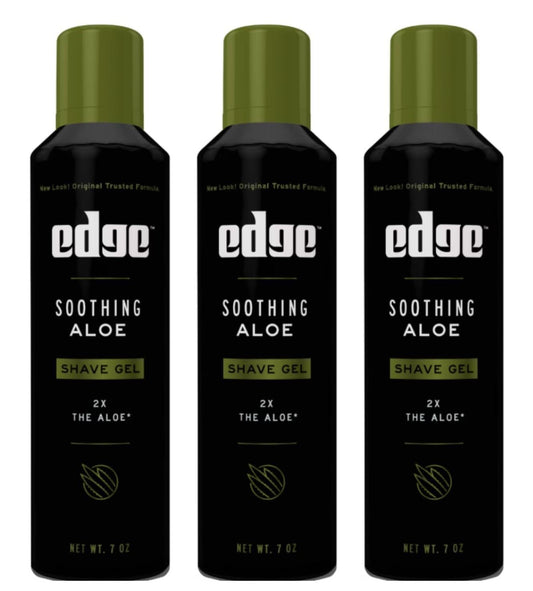 Edge Soothing Aloe Shave Gel bottle front highlighting comforting hydration for sensitive skin.