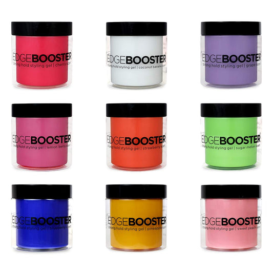 EDGEBOOSTER Style Factor gel bottle showing strong hold and lemon berry fragrance.