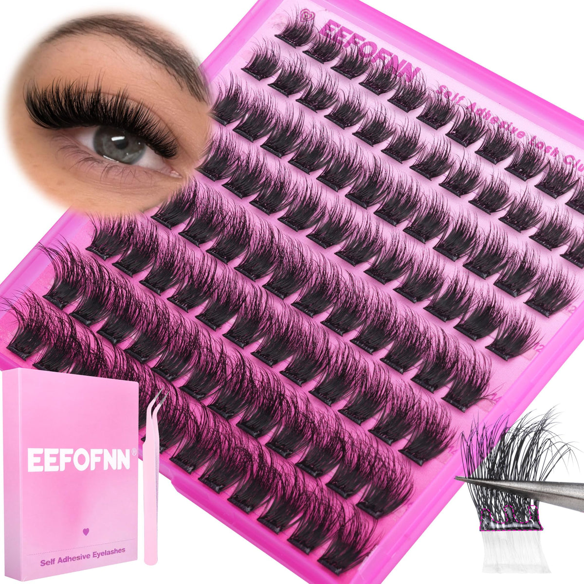 Eefofnn self-adhesive lash clusters pack for quick, mess-free application.