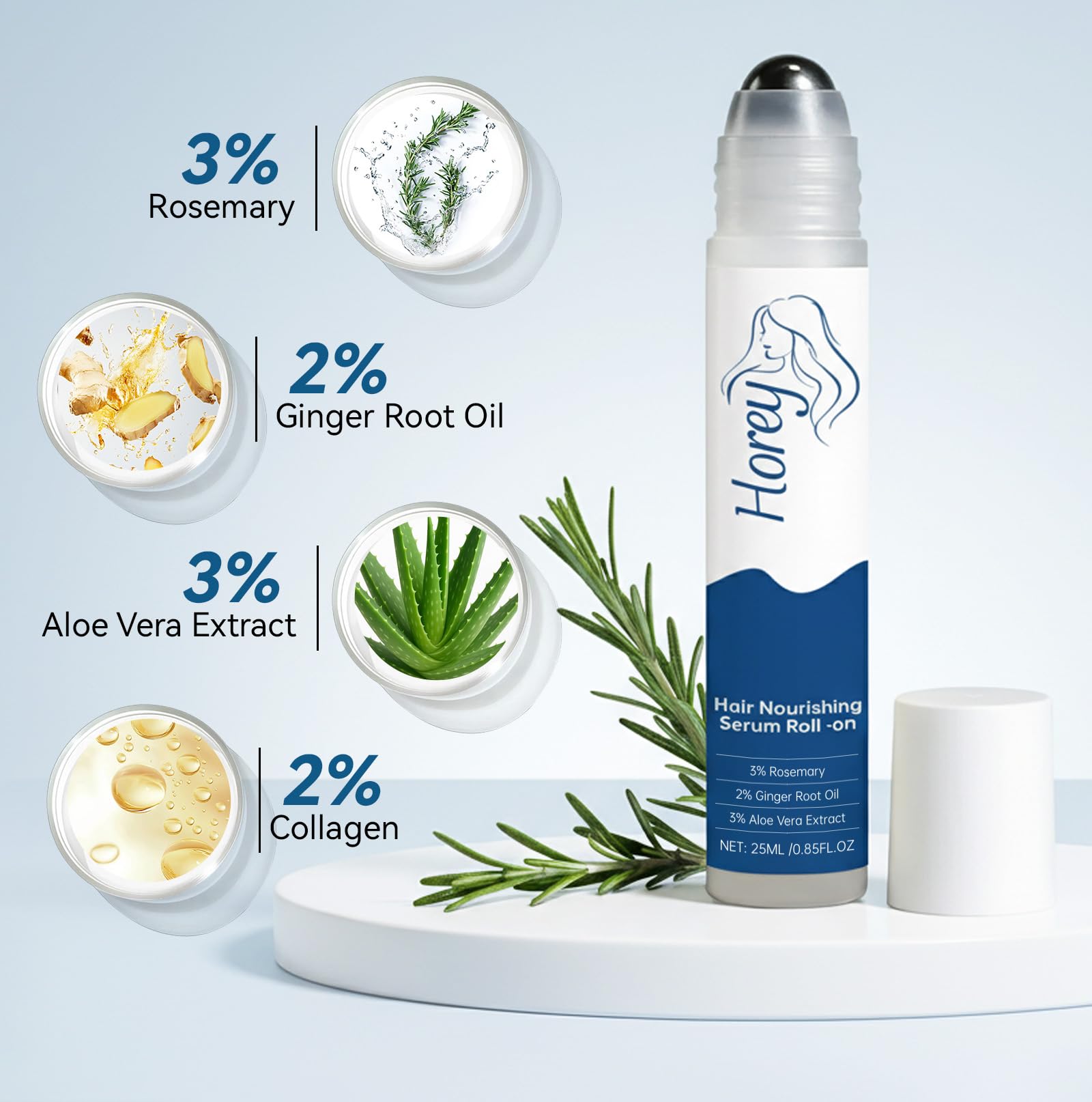 EELHOE Rosemary Serum Roll-On application on scalp demonstrates targeted delivery.