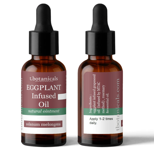 Eggplant Oil label closeup highlights natural, fragrance-free formula and USA-made quality