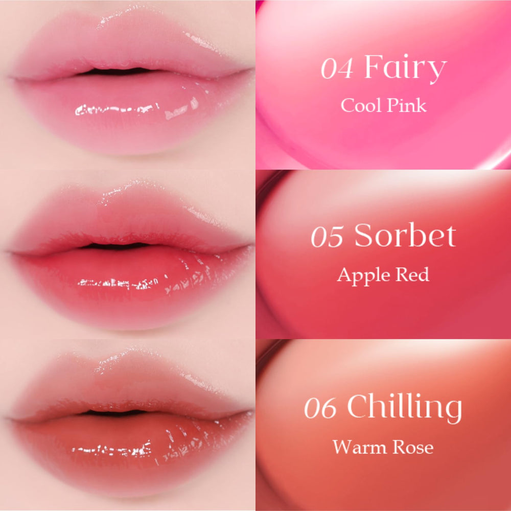 EGLIPS Dew Glaze Tint 01 Babe close-up shows lightweight, comfortable gloss.