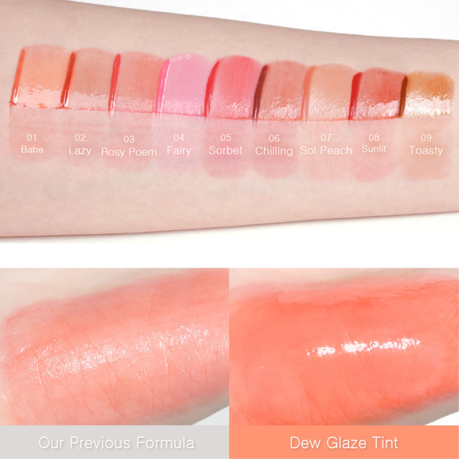 EGLIPS DEW GLAZE TINT 02 LAZY gently layered for sheer dimension on lips.