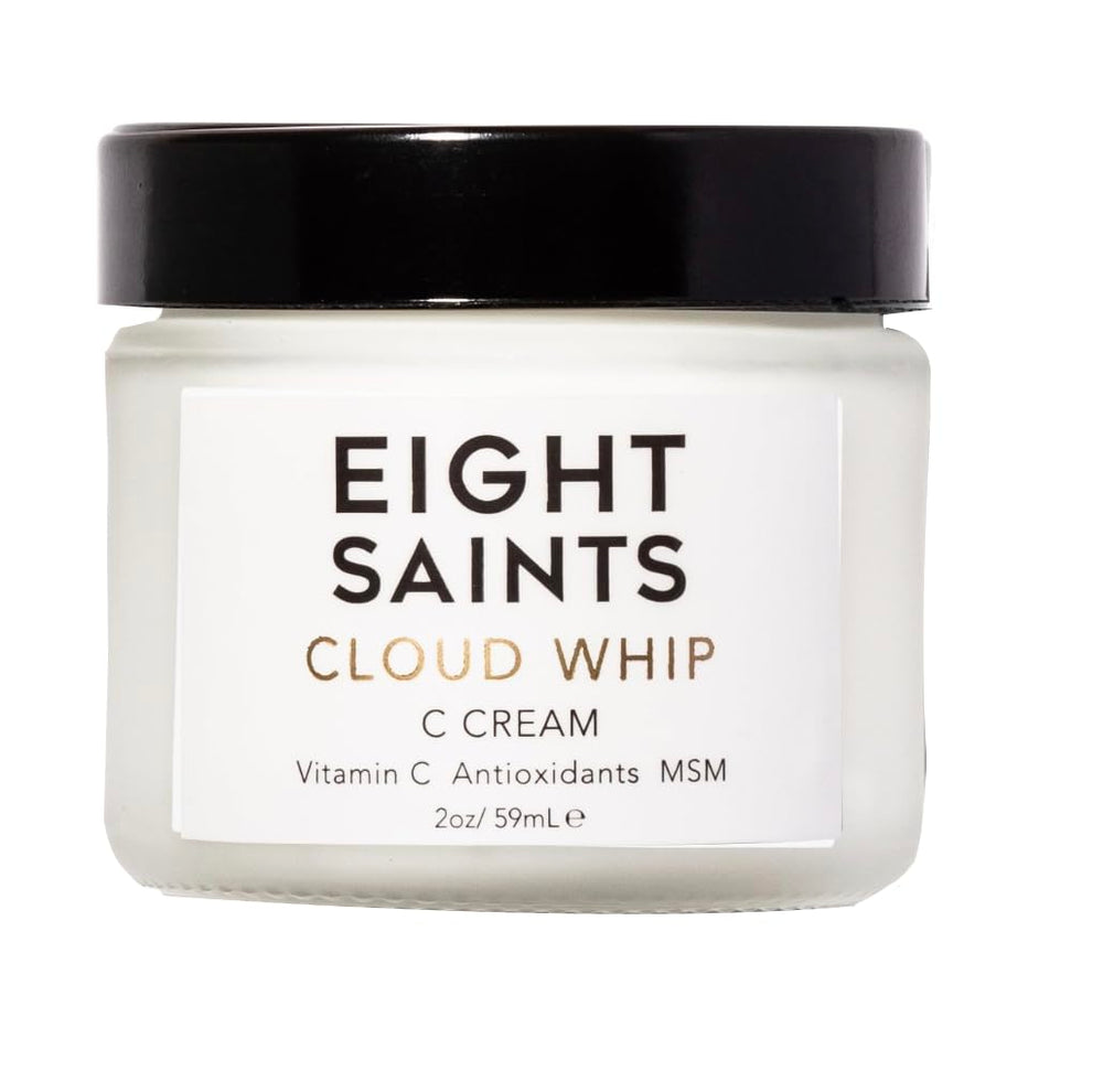 Eight Saints Cloud Whip jar close-up shows unscented, hydrating formula for daily use.