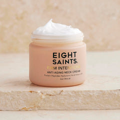Eight Saints neck cream jar showing rich texture for firming neck skin