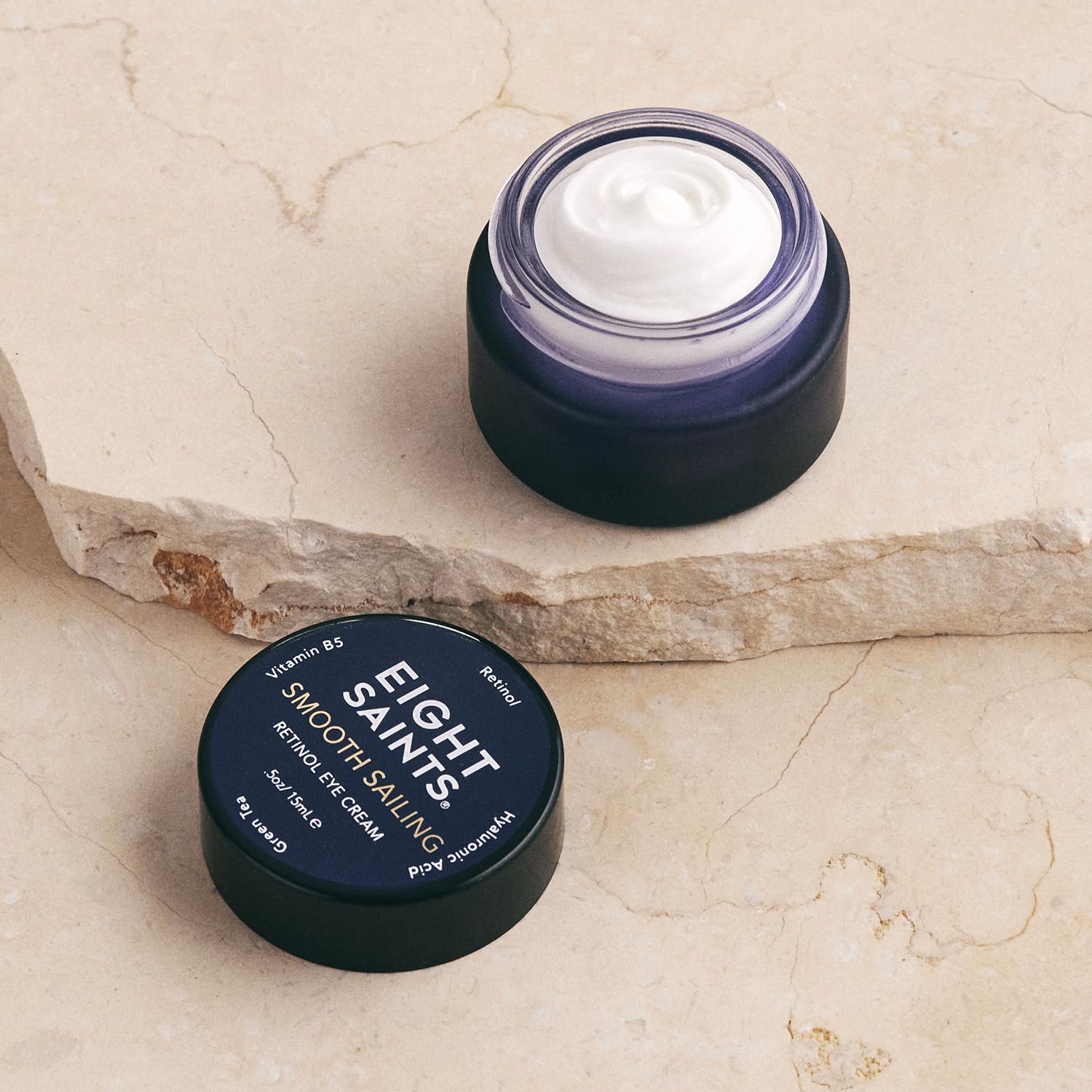Eight Saints retinol eye cream with hyaluronic acid detail, highlighting hydration support.