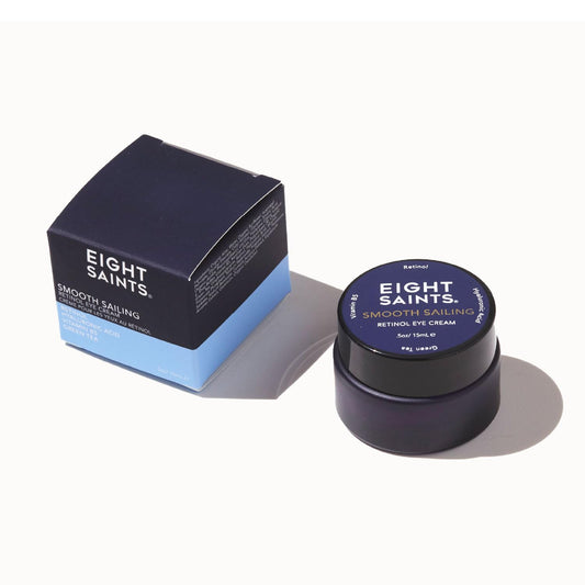 Eight Saints retinol eye cream jar close-up, creamy texture for quick absorption.