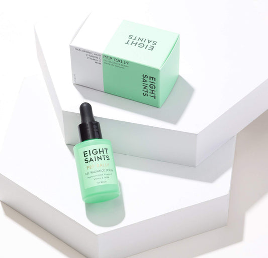 Eight Saints serum drops close-up showing smooth application for plump skin look
