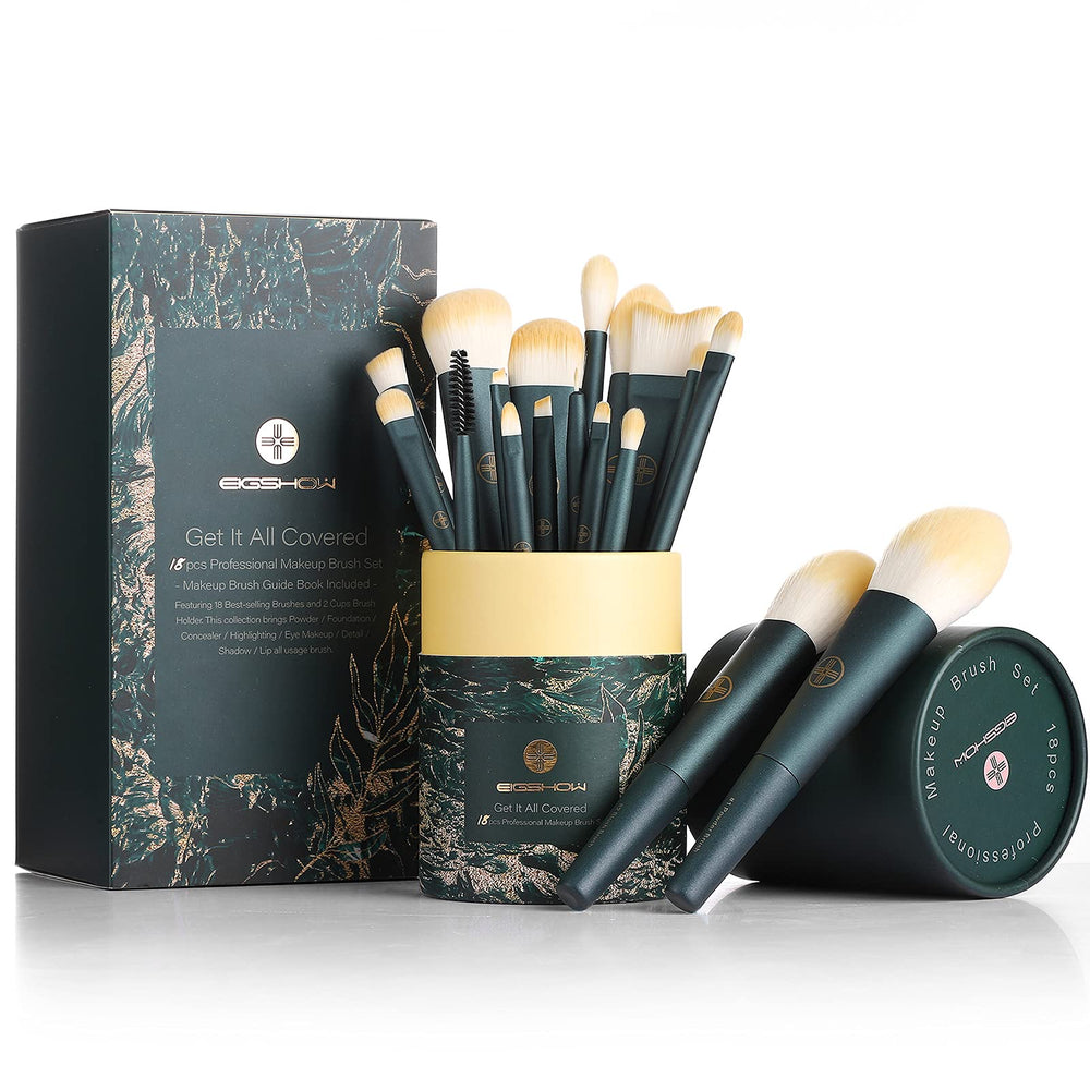 Eigshow 18pc makeup brush set with wooden handles for precise, full-face application.
