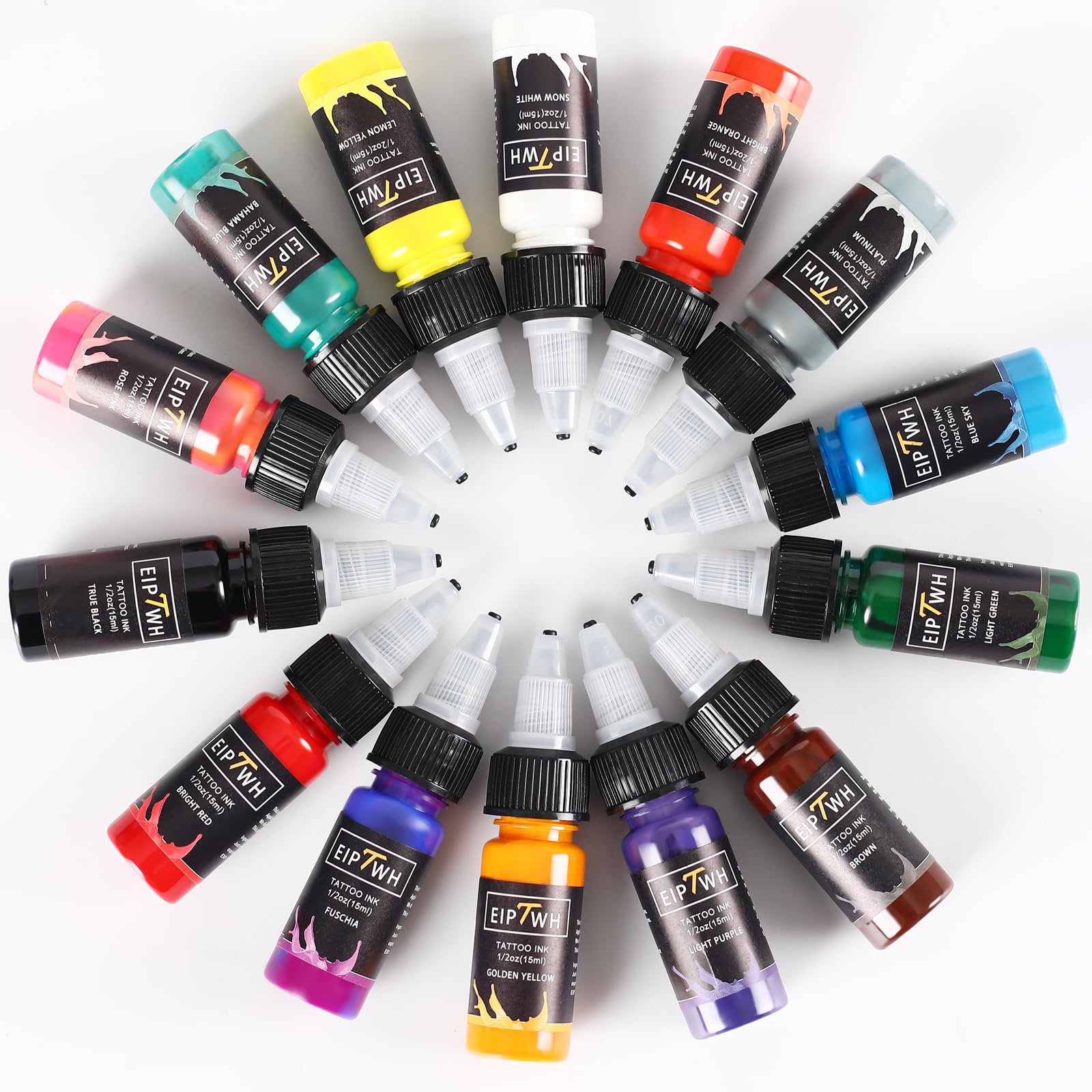 EIPTWH tattoo ink set showing bright pigments for smooth shading and outlines.