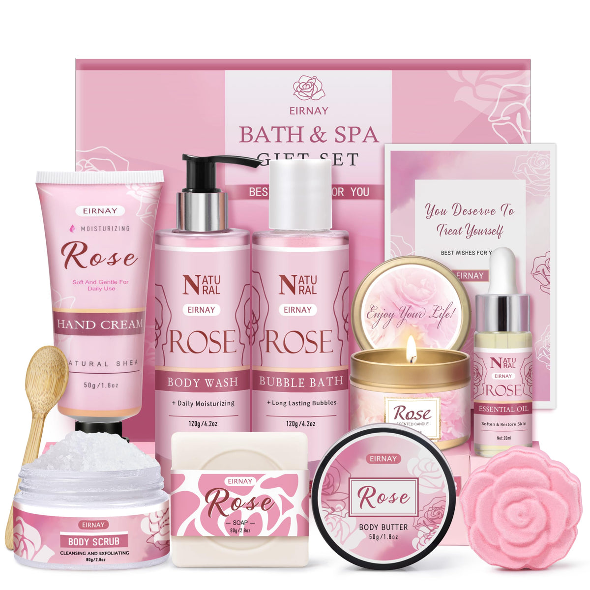 EIRNAY Gifts for Women spa basket with rose scents for gifting and pampering at home.
