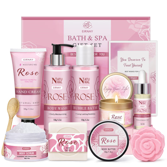 EIRNAY Gifts for Women spa basket with rose scents for gifting and pampering at home.