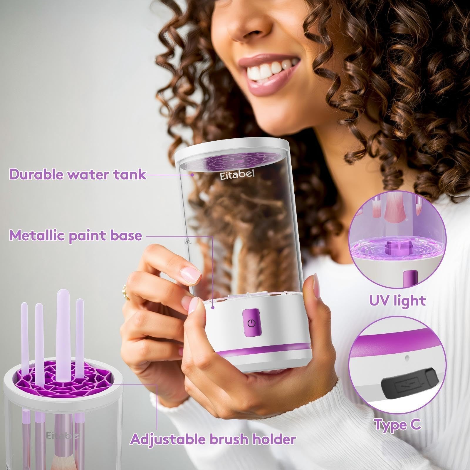 EITABEL portable electric brush cleaner shown as travel-ready device.