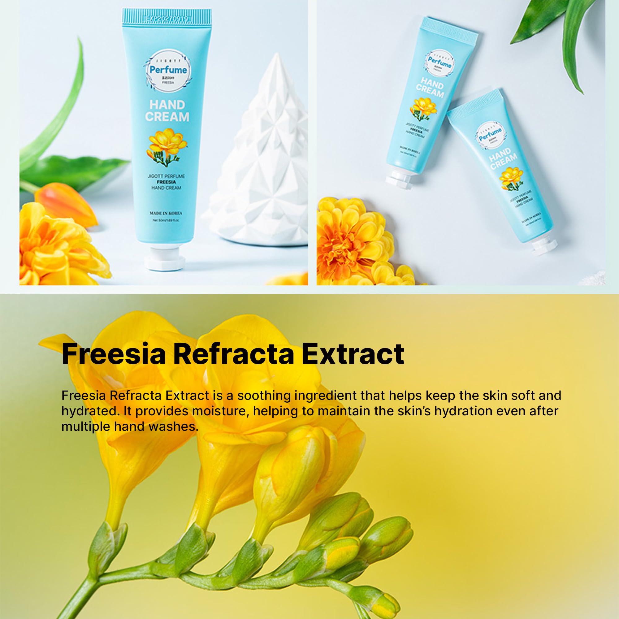 Ekais freesia hand cream offering elegant scent and rapid absorption