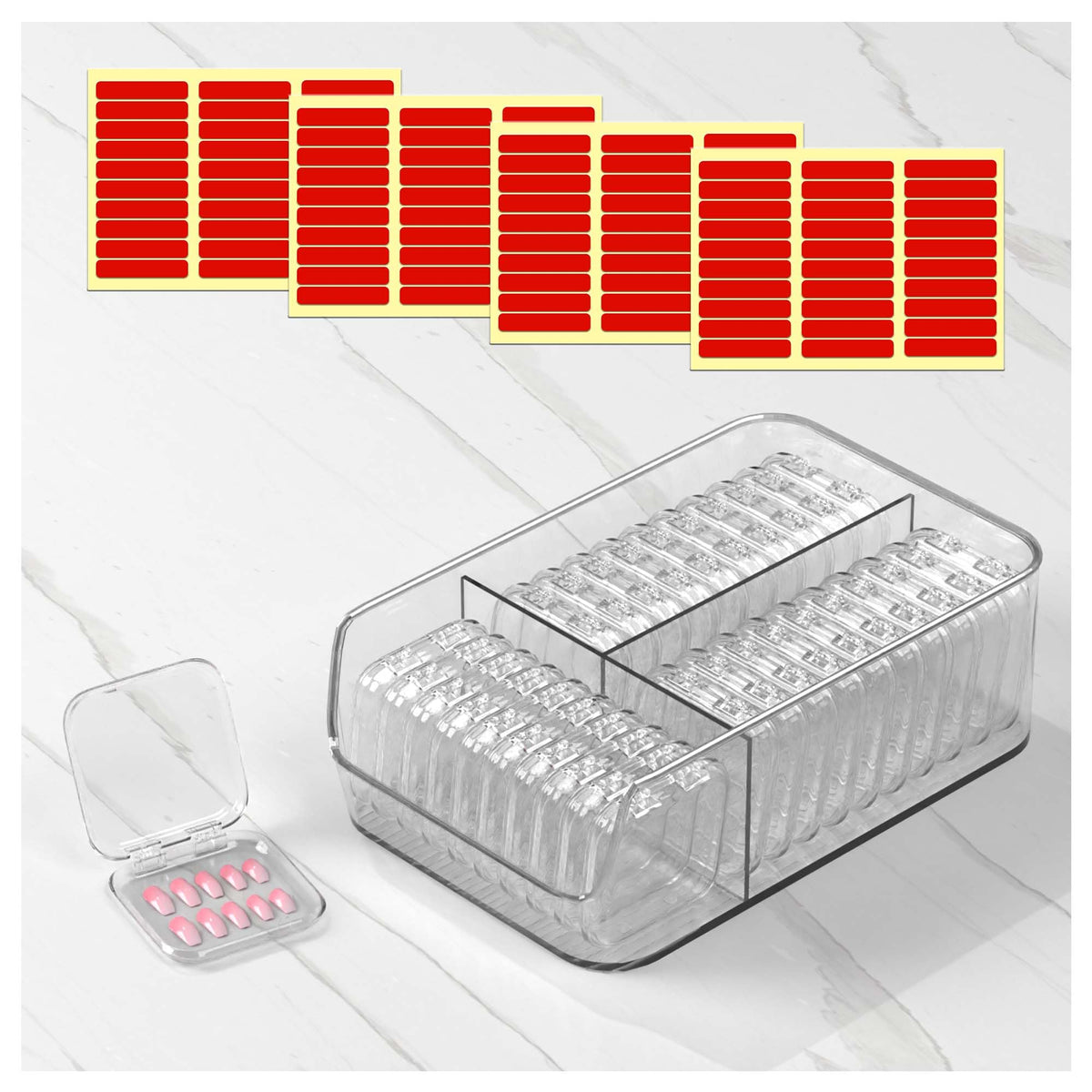 EKEFE 30pc nail storage box showing organized press-on nails for easy access.