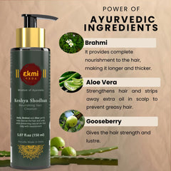 EKMIVEDA Bhringraj Amla herbs closeup suggests nourishing scalp care.