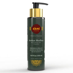 EKMIVEDA Keshya Shodhan bottle pour promotes gentle scalp cleansing.