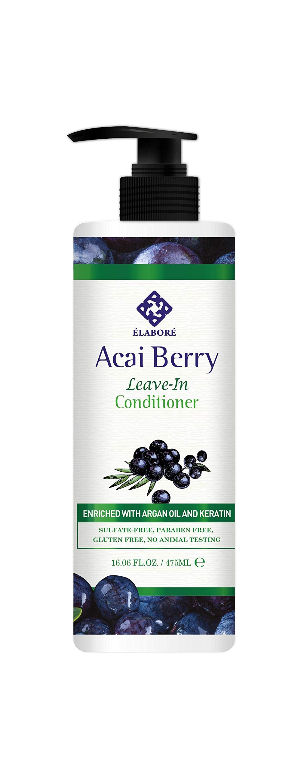 Elabore Acai Berry Leave-In bottle displaying nourishing oils for silky, manageable hair.