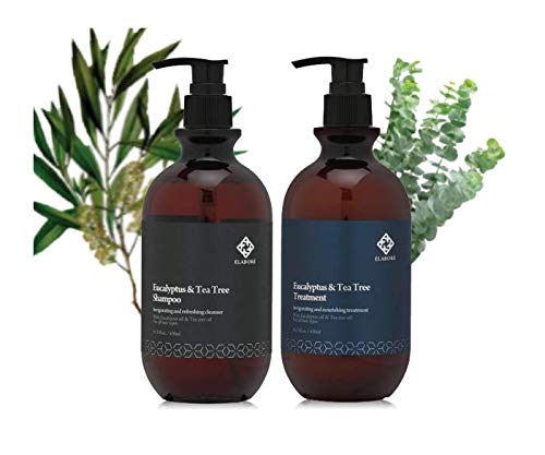 Elabore Eucalyptus & Tea Tree Shampoo bottle with refreshing aroma and scalp-soothing benefits.