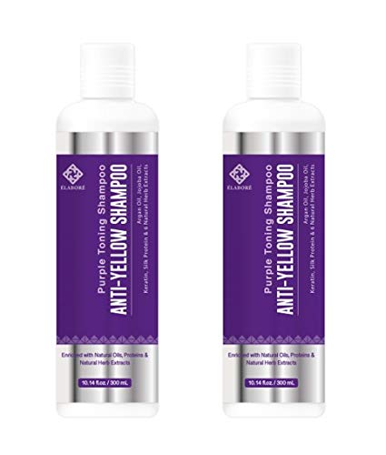 Elabore Purple Toning Shampoo bottle pouring to neutralize yellow tones on grey hair.