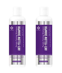 Elabore Purple Toning Shampoo bottle pouring to neutralize yellow tones on grey hair.