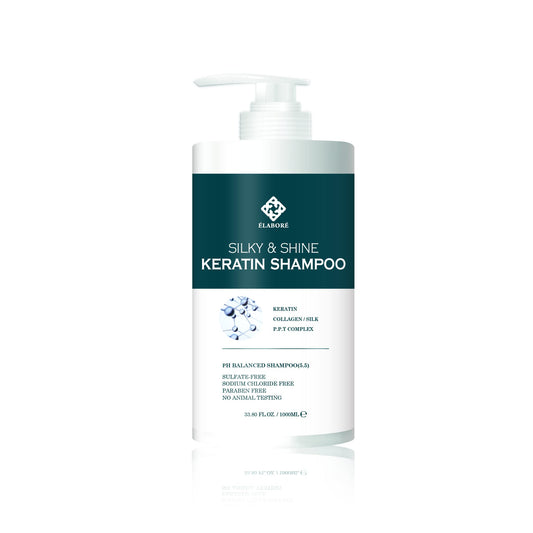 Elabore Silky & Shine Keratin Pack bottle demonstrates nourishing formula for treated hair.