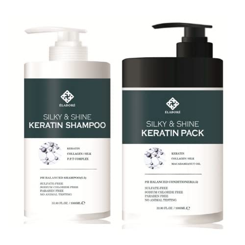 Elabore Silky & Shine Keratin Shampoo bottle gleams with gloss and keratin nourishment.