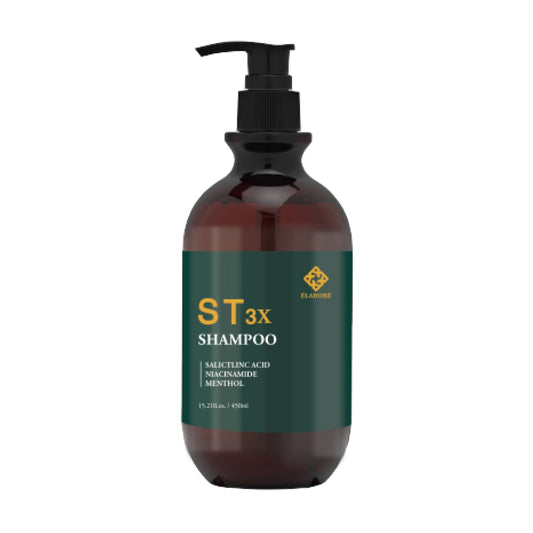 Elabore ST 3X Shampoo bottle pour with minty menthol and scalp exfoliation.