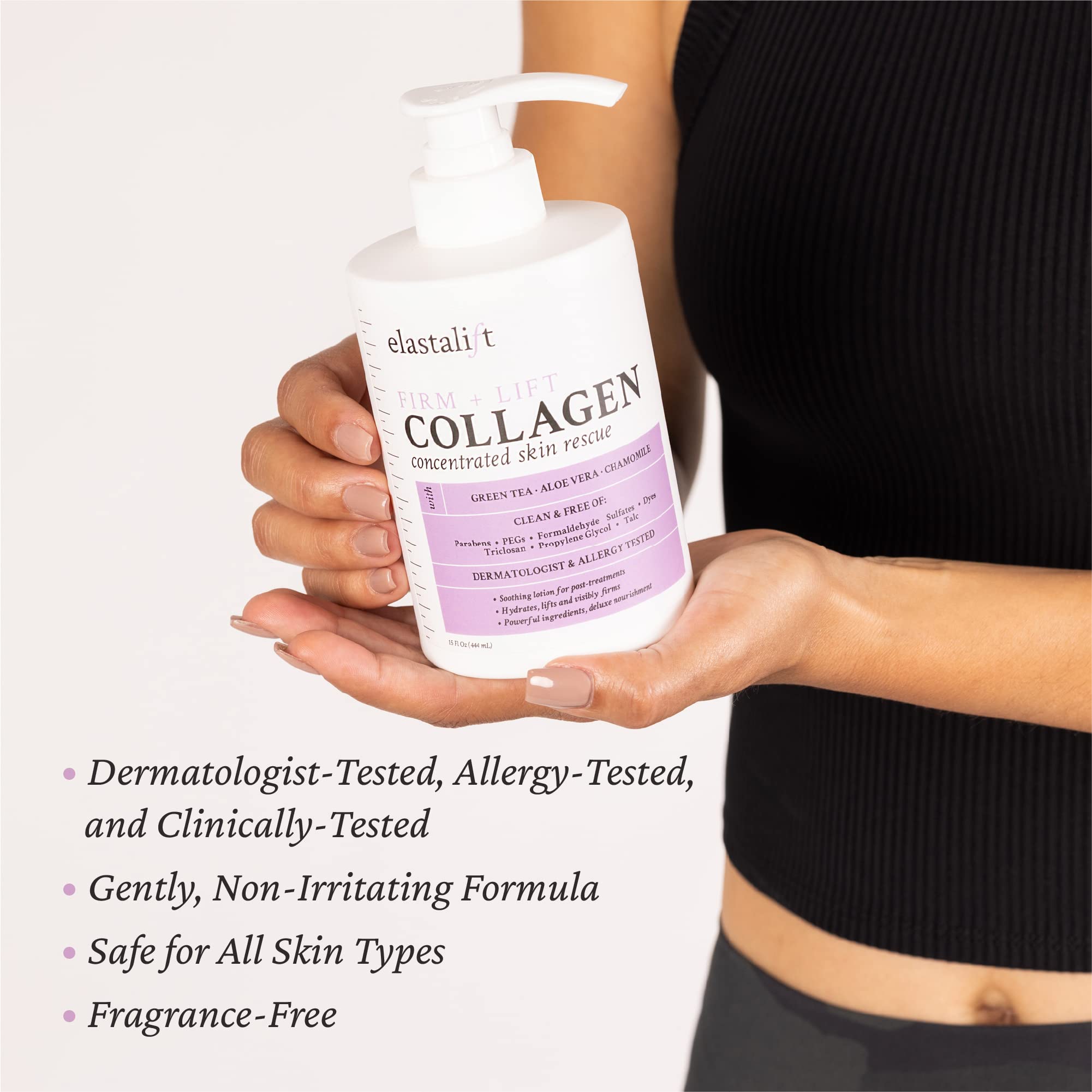 Elastalift collagen body cream being applied to the arm for hydration.