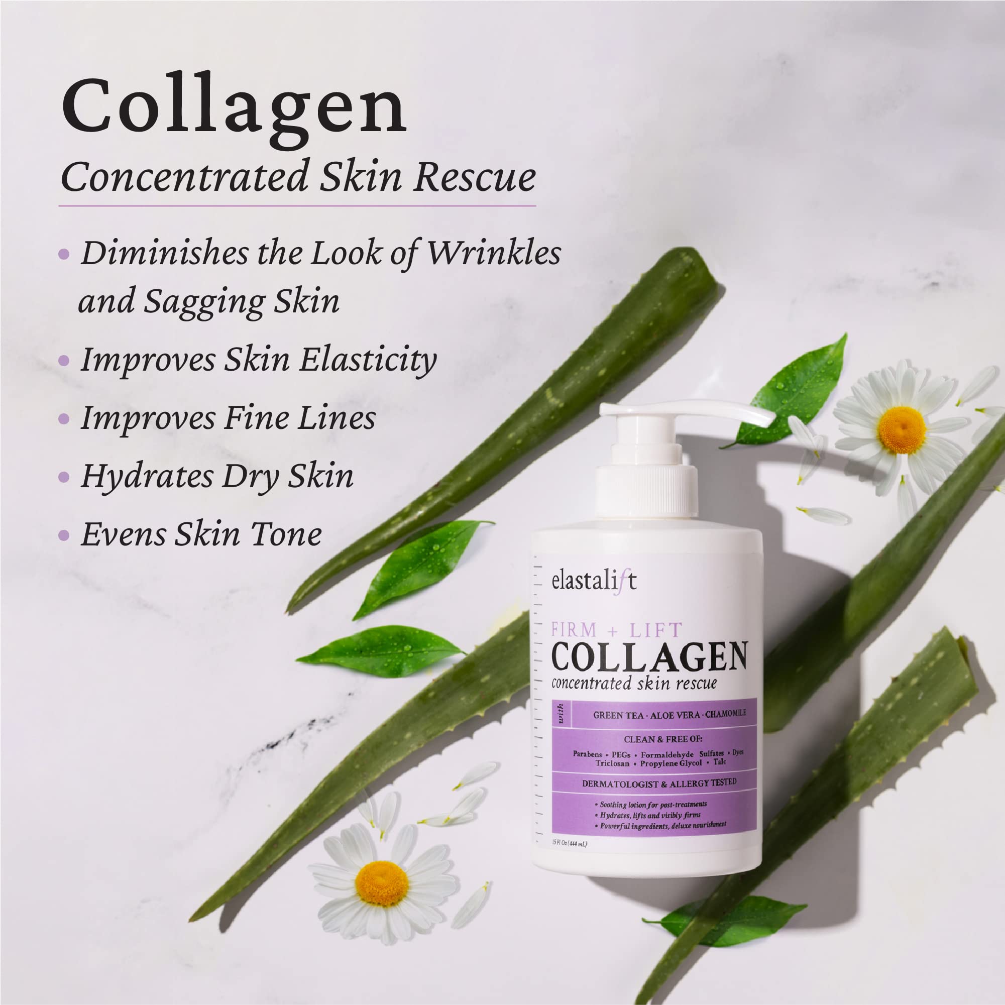 Elastalift collagen cream jar closeup highlights soothing botanicals and texture.