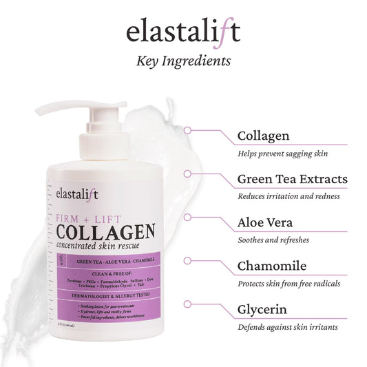 Elastalift collagen serum close-up showing smooth texture and glow.